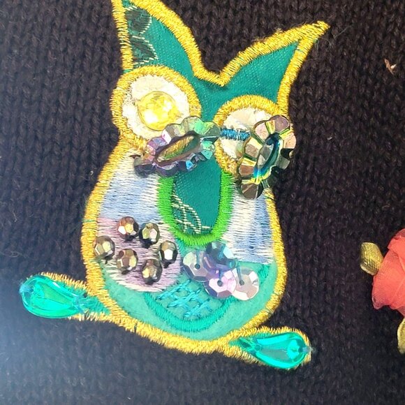 Vintage 90s Y2K Jack B Quick Sequined Beaded Novelty Owl Cardigan Sweater Top - Picture 11 of 16